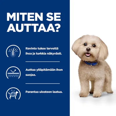 Grafiikka, jossa on teksti suomeksi: Ravinto tukee tervettä ihoa ja turkkia, auttaa ylläpitämään ihon suojaa, parantaa ulosteen laatua. Vieressä pieni koira.