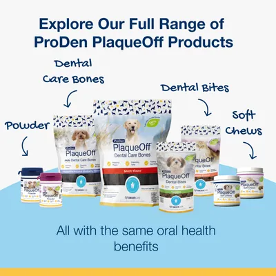 ProDen PlaqueOff product range includes powder, dental care bones, dental bites and soft chews, all offering the same oral health benefits.