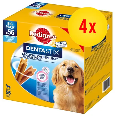 Pedigree DentaStix, BIG PACK x56, 4x, daglig tandpleje, 25 kg+, billede af hund og stænger. Tekst på tysk og fransk: TÄGLICHE ZAHNPFLEGE, UN PAR JOUR.
