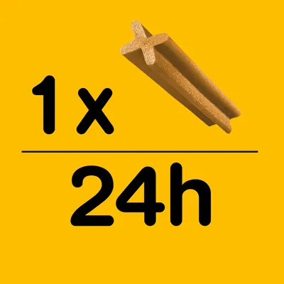 Zalecenie: 1 przysmak dziennie, grafika przedstawia przekąskę i napis 1x na 24h