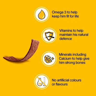 Omega 3 to help keep him fit for life, Vitamins to help maintain his natural defence, Minerals including Calcium to help give him strong bones, No artificial colours or flavours. Tekst w języku angielskim.