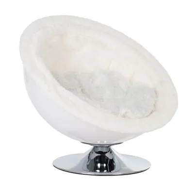 Round, white pet bed with plush lining and a chrome pedestal base, designed for comfortable resting.
