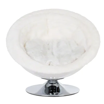 Round white pet bed with soft plush padding and shiny chrome base. Brand: Petissimo.
