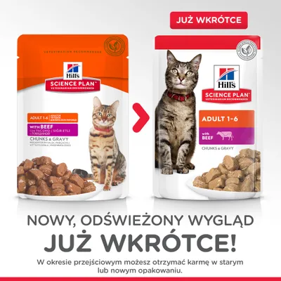 Hill's Science Plan Adult 1-6 with Beef Chunks & Gravy – porównanie starego i nowego opakowania karmy dla kotów, informacja: nowy wygląd już wkrótce.