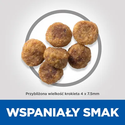 Sześć krokietów, przybliżona wielkość 4 × 7,5 mm. Widoczny napis: WSPANIAŁY SMAK.
