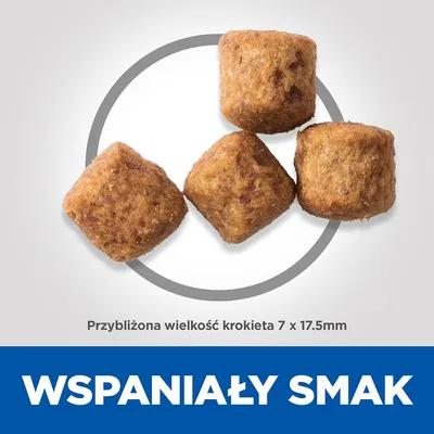 Cztery krokiety karmy, przybliżona wielkość 7 × 17,5 mm. Widoczny napis: WSPANIAŁY SMAK.