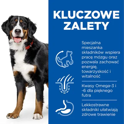 Kluczowe zalety: specjalna mieszanka składników wspiera pracę mózgu, energię i witalność; kwasy Omega-3 i -6 dla futra; lekkostrawne składniki ułatwiają trawienie.