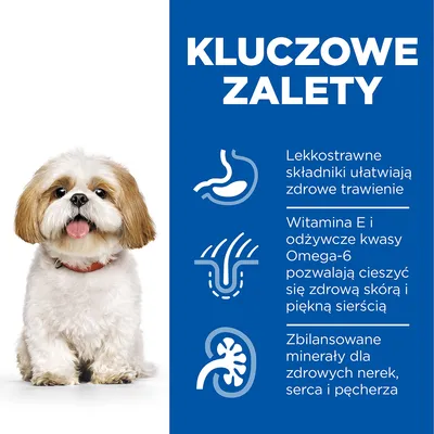 Kluczowe zalety: lekkostrawne składniki ułatwiają trawienie, witamina E i kwasy Omega-6 wspierają skórę i sierść, zbilansowane minerały dla nerek, serca i pęcherza. Tekst po polsku.