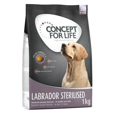Sacchetto Concept for Life Labrador Sterilised 1 kg, immagine di un Labrador, testo visibile: 'Weight control', 'Fibres for saturation', 'Cartilage and joint protection'.