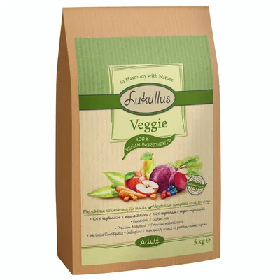 Lukullus Veggie Adult, fleischfreie Vollnahrung für Hunde, 100% vegane Zutaten, glutenfrei, Premium-Naturkost, wertvolle Eiweissquelle. Verpackung mit Gemüse und Obstabbildungen, 5 kg.