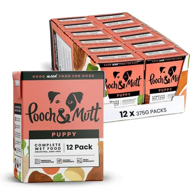Pooch & Mutt Puppy complete wet food, 12 pack of 375g, grain free and junk-free with prebiotics for digestion, natural and fresh ingredients.