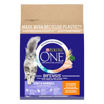 Purina ONE Bifensis Coat & Hairball dry food, made with recycled plastic, rich in chicken as number one ingredient, supports gut microbiome and healthy coat. 2.8kg bag shown.