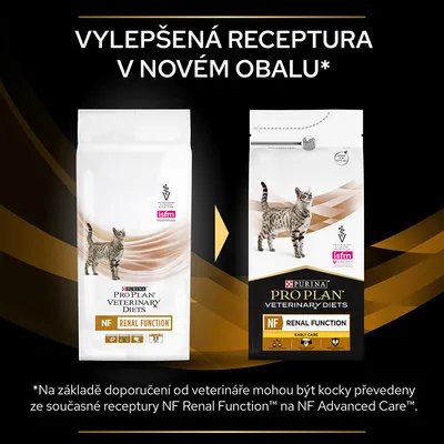 Porovnanie starého a nového obalu krmiva pre mačky Purina Pro Plan Veterinary Diets NF Renal Function s textom: Vylepšená receptura v novém obalu.