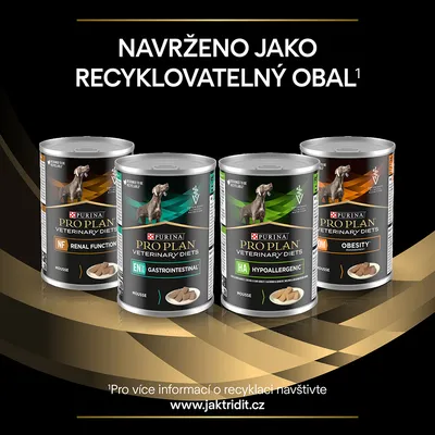Purina Pro Plan Veterinary Diets konzervy: Renal Function, Gastrointestinal, Hypoallergenic, Obesity. Text v češtine: Navrženo jako recyklovatelný obal. www.jaktridit.cz