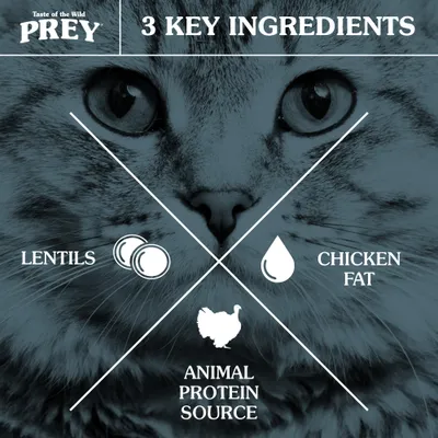 Taste of the Wild PREY, 3 KEY INGREDIENTS: LENTILS, CHICKEN FAT, ANIMAL PROTEIN SOURCE. Teksti englanniksi.