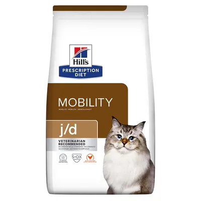 Hill's Prescription Diet Mobility j/d kattenvoer, tekst: VETERINARIAN RECOMMENDED, S+OX SHIELD, afbeelding van kat op de verpakking.
