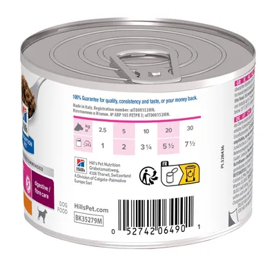 Hill's krmivo pre psov konzerva s kŕmnou tabuľkou: hmotnosť 2,5 kg – 1 konzerva, 10 kg – 3¾ konzervy, 20 kg – 7½ konzervy. Záruka kvality a chuti. Viditeľné recyklačné pokyny.