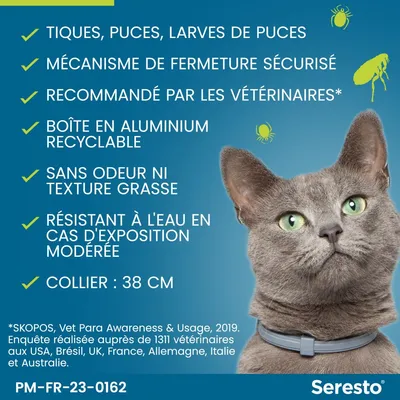 Seresto. Tiques, puces, larves de puces. Mécanisme de fermeture sécurisé. Recommandé par les vétérinaires. Boîte en aluminium recyclable. Sans odeur ni texture grasse. Collier : 38 cm.
