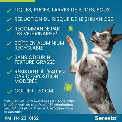 Seresto : tiques, puces, larves de puces, poux, réduction du risque de leishmaniose, recommandé par les vétérinaires, boîte aluminium recyclable, sans odeur, résistant à l'eau, collier 70 cm.