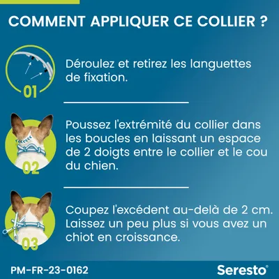Comment appliquer ce collier : 1. Déroulez et retirez les languettes de fixation. 2. Laissez un espace de 2 doigts entre le collier et le cou du chien. 3. Coupez l’excédent au-delà de 2 cm.