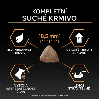 Suché krmivo, veľkosť granúl 18,5 mm, bez farbív, vysoký obsah bielkovín, vysoká vstrebateľnosť živín, ľahko stráviteľné. Text v češtine. Suché krmivo, veľkosť granúl 18,5 mm, bez farbív, vysoký obsah bielkovín, vysoká vstrebateľnosť živín, ľahko stráviteľné. Text v češtine.
