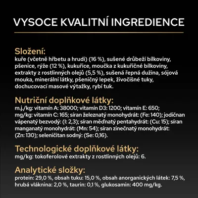 Zoznam zložiek, prídavné látky a analytické hodnoty: bielkoviny 29 %, tuk 15 %, surová vláknina 2 %, taurín 0,1 %, glukozamín 400 mg/kg. Obsahuje vitamíny A, D3, E, C a minerálne látky.