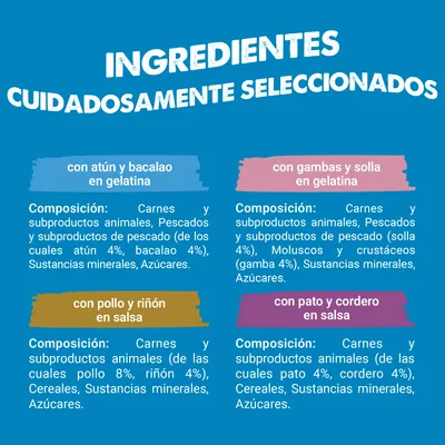 Resumen de ingredientes: con atún y bacalao en gelatina, con gambas y platija en gelatina, con pollo y riñón en salsa, con pato y cordero en salsa. Composición indicada para cada variedad. Resumen de ingredientes: con atún y bacalao en gelatina, con gambas y platija en gelatina, con pollo y riñón en salsa, con pato y cordero en salsa. Composición indicada para cada variedad.