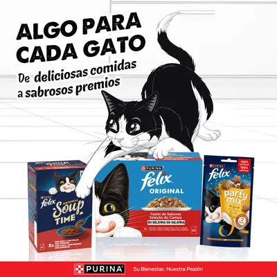 PURINA felix Original Soup Time, pack mixto Original y Party Mix para gatos. Texto: Algo para cada gato. Desde deliciosas comidas hasta sabrosos premios. PURINA felix Original Soup Time, pack mixto Original y Party Mix para gatos. Texto: Algo para cada gato. Desde deliciosas comidas hasta sabrosos premios.
