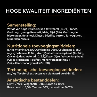Samenstelling: witvis, gevogelteeiwit, maïs, rijst, bietenpulp, sojameel, dierlijke vetten. Analytische bestanddelen: eiwit 27%, vet 9%, ruwe as 8%, ruwe vezel 3,5%. Samenstelling: witvis, gevogelteeiwit, maïs, rijst, bietenpulp, sojameel, dierlijke vetten. Analytische bestanddelen: eiwit 27%, vet 9%, ruwe as 8%, ruwe vezel 3,5%.