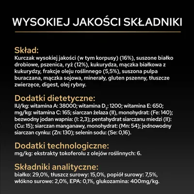 Lista składników, dodatki dietetyczne i dodatki technologiczne oraz składniki analityczne: białko 29%, tłuszcz 15%, włókno surowe 2%, kwas eikozapentaenowy (EPA) 0,1%, glukozamina 400 mg/kg. Lista składników, dodatki dietetyczne i dodatki technologiczne oraz składniki analityczne: białko 29%, tłuszcz 15%, włókno surowe 2%, kwas eikozapentaenowy (EPA) 0,1%, glukozamina 400 mg/kg.