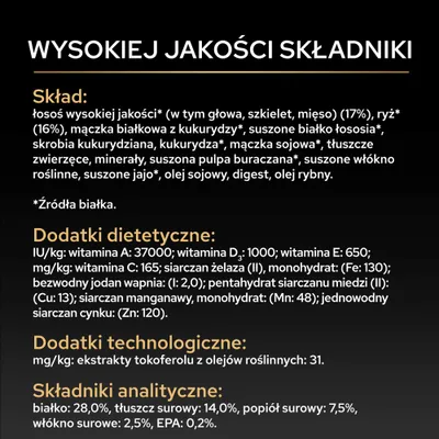 Skład: łosoś, ryż, białko kukurydziane, soja, minerały. Dodatki: witaminy A, D3, E, C, żelazo, miedź, mangan, cynk. Składniki analityczne: białko 28%, tłuszcz 14%. Skład: łosoś, ryż, białko kukurydziane, soja, minerały. Dodatki: witaminy A, D3, E, C, żelazo, miedź, mangan, cynk. Składniki analityczne: białko 28%, tłuszcz 14%.
