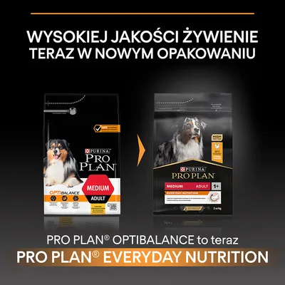 Porównanie opakowań karmy Purina Pro Plan dla dorosłych psów średnich ras: OptiBalance zmienia się na Everyday Nutrition. Widoczne nowe i stare opakowanie, tekst informacyjny.
