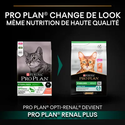 Changement de packaging : PURINA PRO PLAN Sterilised Adult 1+ Opti-Renal devient Renal Plus, même nutrition de haute qualité pour chats adultes stérilisés. Deux paquets visibles.