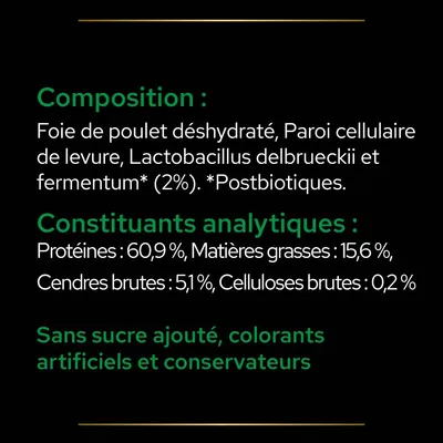 Composition : foie de poulet déshydraté, paroi cellulaire de levure, Lactobacillus delbrueckii et fermentum (2 %). Constituants analytiques : protéines 60,9 %, matières grasses 15,6 %. Sans sucre ajouté.