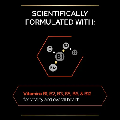 Scientifically formulated with: Vitamins B1, B2, B3, B5, B6, B12 and E for vitality and overall health. Text in English.