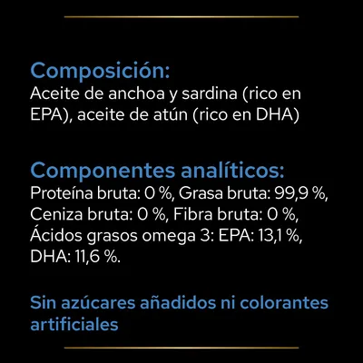 Composición: aceite de anchoa, sardina y atún. Componentes analíticos: proteína 0 %, grasa 99,9 %, ceniza 0 %, fibra 0 %, EPA 13,1 %, DHA 11,6 %. Sin azúcares añadidos ni colorantes artificiales.