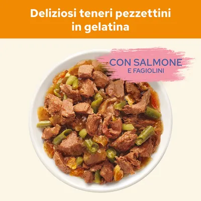 Deliziosi teneri pezzettini in gelatina con salmone e fagiolini, visibili nella ciotola. Testo: 'CON SALMONE E FAGIOLINI'.