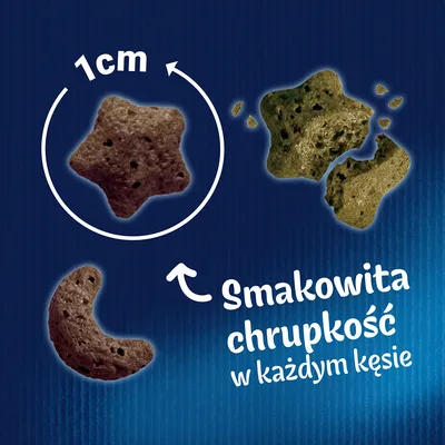 Kształty i struktura chrupków o wielkości 1 cm, tekst: Smakowita chrupkość w każdym kęsie.