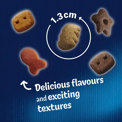 Assorted kibble shapes with a highlighted piece measuring 1.3cm, featuring the text 'Delicious flavours and exciting textures'.