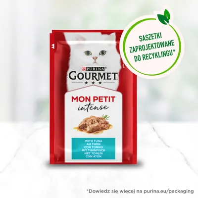 Purina Gourmet Mon Petit Intense, saszetka z tuńczykiem. Napis: Saszetki zaprojektowane do recyklingu. Informacja: Dowiedz się więcej na purina.eu/packaging