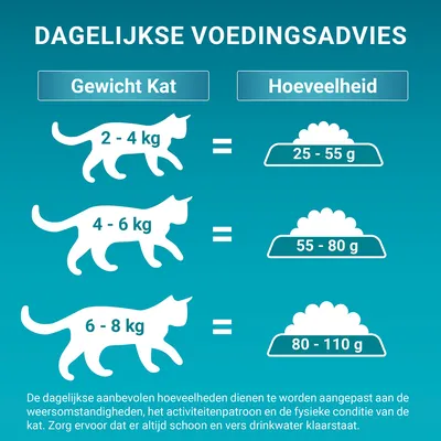 Dagelijks voedingsadvies kat: 2–4 kg 25–55 g, 4–6 kg 55–80 g, 6–8 kg 80–110 g. Aanpassen aan omstandigheden en altijd schoon drinkwater geven.