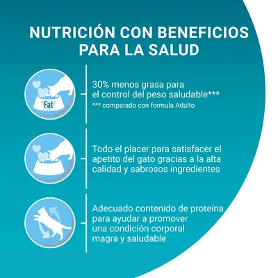 Nutrición con beneficios para la salud: 30 % menos grasa, placer para el apetito del gato y contenido adecuado de proteína para condición corporal magra. Texto en español.