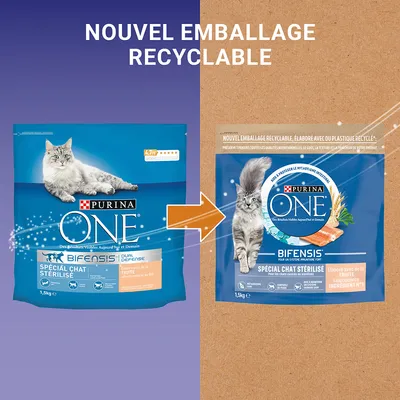 PURINA ONE BIFENSIS Spécial Chat Stérilisé 1,5 kg. Sammenligning af gammel og ny emballage med teksten 'NOUVEL EMBALLAGE RECYCLABLE' øverst. Tekst på fransk.