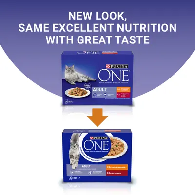 Image showing packaging change for Purina One Adult food with text: New look, same excellent nutrition with great taste. Old and new boxes displayed with an arrow between them.