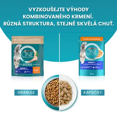 Purina One Senior 7+ granule a kapsičky pre mačky, balenia s obrázkom mačky, miska rozdelená na granule a kapsičky. Text v češtine: Vyzkoušejte výhody kombinovaného krmení.