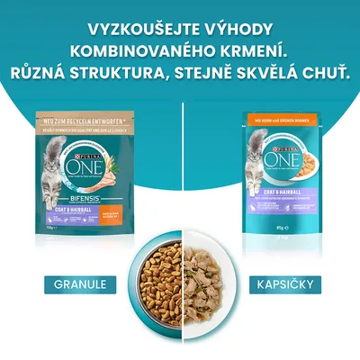 Purina ONE Coat & Hairball granule 750 g a kapsičky 85 g, ukázka kombinovaného krmení pro kočky. Text: Vyzkoušejte výhody kombinovaného krmení. Různá struktura, stejně skvělá chuť.