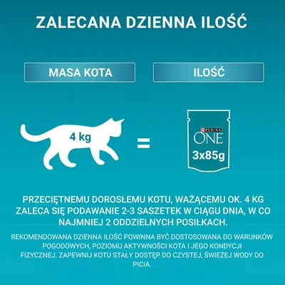 Zalecana dzienna ilość Purina ONE: kot 4 kg = 3 saszetki po 85 g. Dla kota 4 kg zaleca się 2–3 saszetki dziennie, podzielone na co najmniej 2 posiłki.