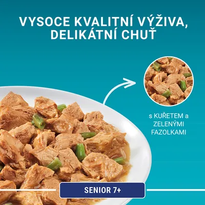 Vysoko kvalitná výživa, delikátna chuť. S kuracím mäsom a zelenými fazuľkami. Senior 7+. Text v češtine.