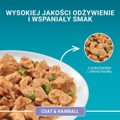 Kawałki karmy z kurczakiem i zieloną fasolką na talerzu, tekst: Wysokiej jakości odżywienie i wspaniały smak, Coat & Hairball, z kurczakiem i zieloną fasolką.
