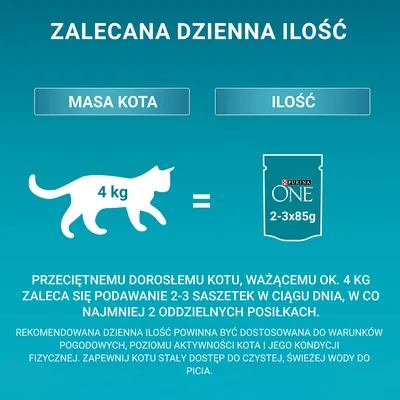 Zalecenia żywieniowe dla kota 4 kg: 2–3 saszetki Purina ONE po 85 g dziennie, podawać w co najmniej 2 posiłkach. Zapewnij kotu stały dostęp do świeżej wody.